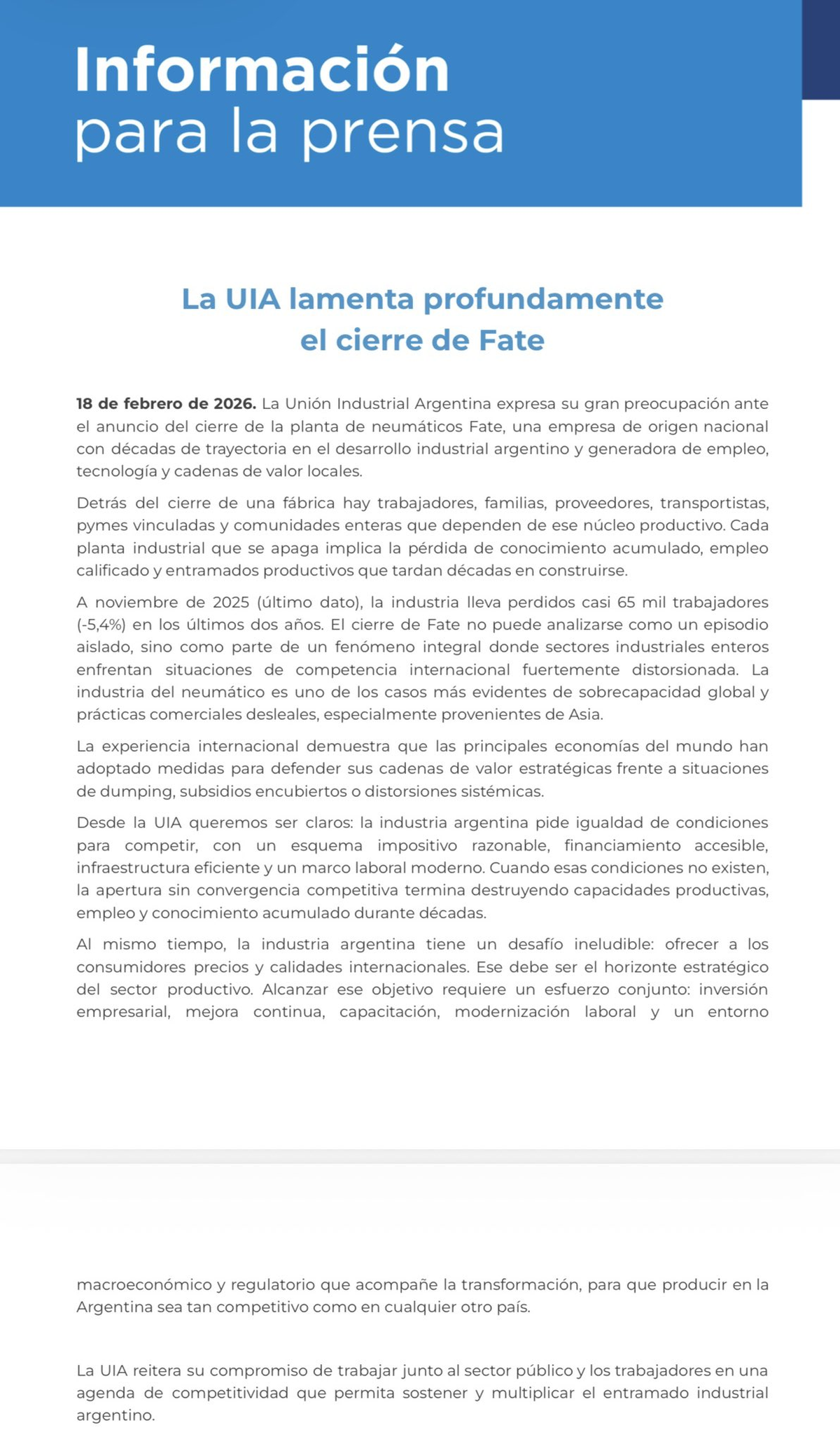 El comunicado de la UIA sobre el cierre de FATE. El comunicado de la UIA sobre el cierre de FATE.