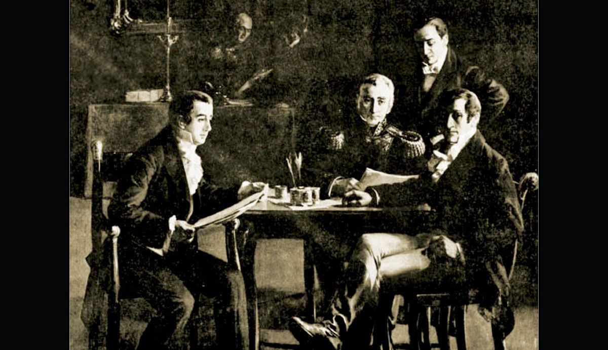 Pintura de la Primera Junta: en el centro Cornelio Saavedra, entre Manuel Belgrano y Mariano Moreno, por detrás suyo Juan José Paso.