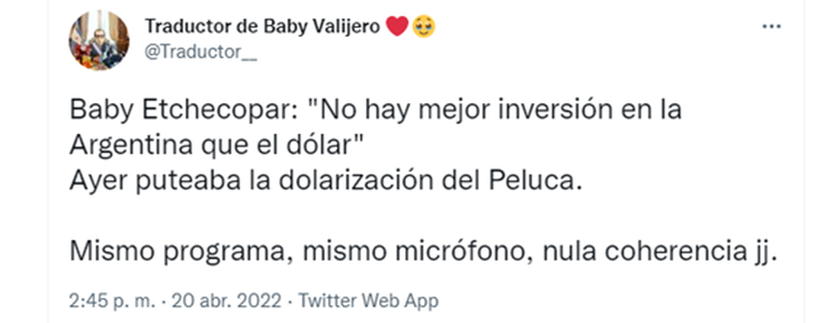 El tuit que produjo la ira de Baby Etchecopar. 
