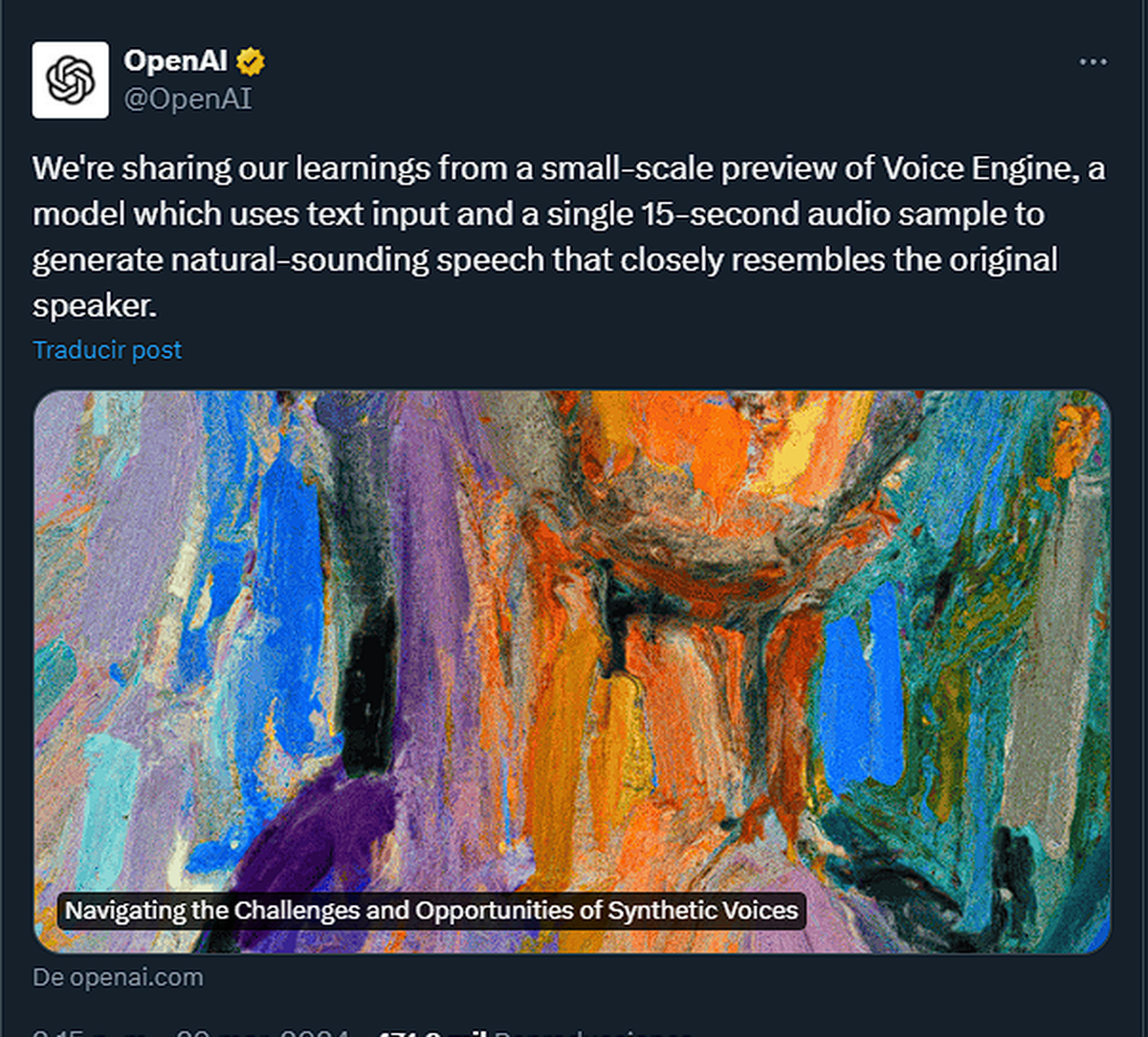 Compartimos nuestros aprendizajes de una vista previa a pequeña escala de Voice Engine, un modelo que utiliza entrada de texto y una única muestra de audio de 15 segundos para generar un habla con sonido natural que se parece mucho al hablante original. Compartimos nuestros aprendizajes de una vista previa a pequeña escala de Voice Engine, un modelo que utiliza entrada de texto y una única muestra de audio de 15 segundos para generar un habla con sonido natural que se parece mucho al hablante original.