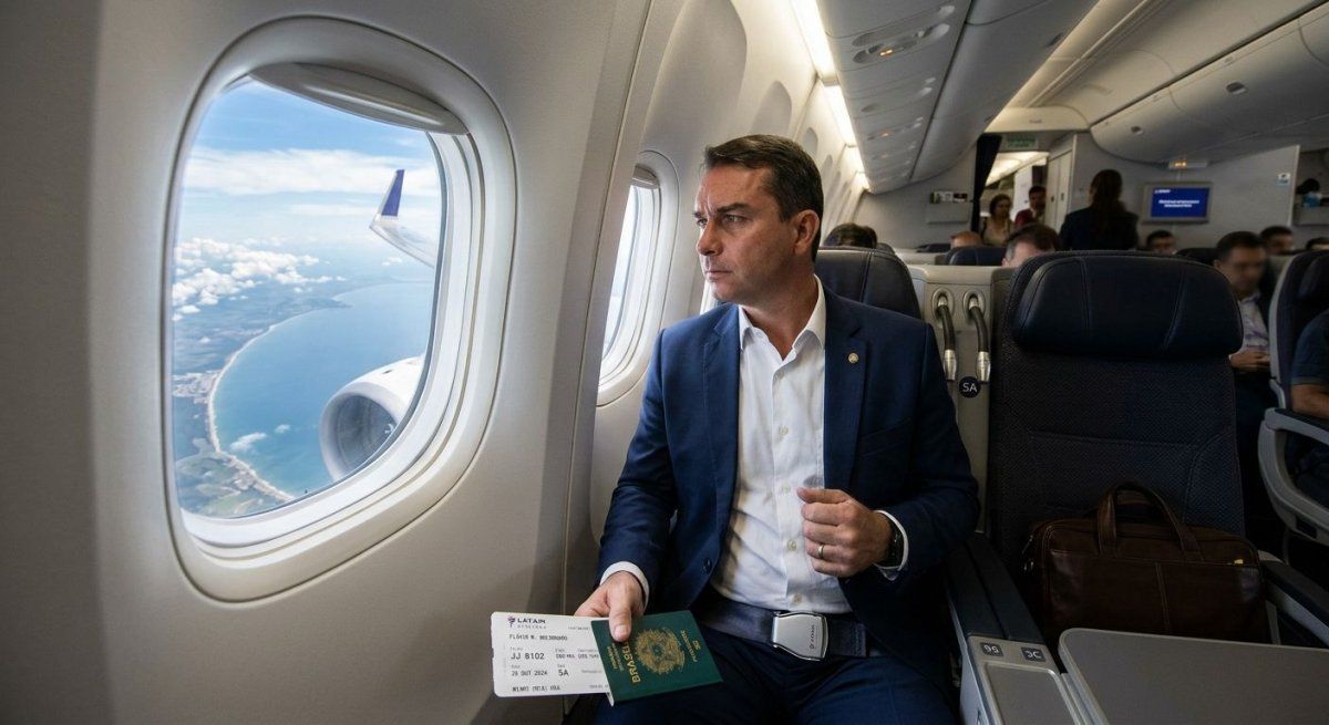 Imagen creada con IA de Flávio Bolsonaro huyendo en un vuelo hacia Estados Unidos.
