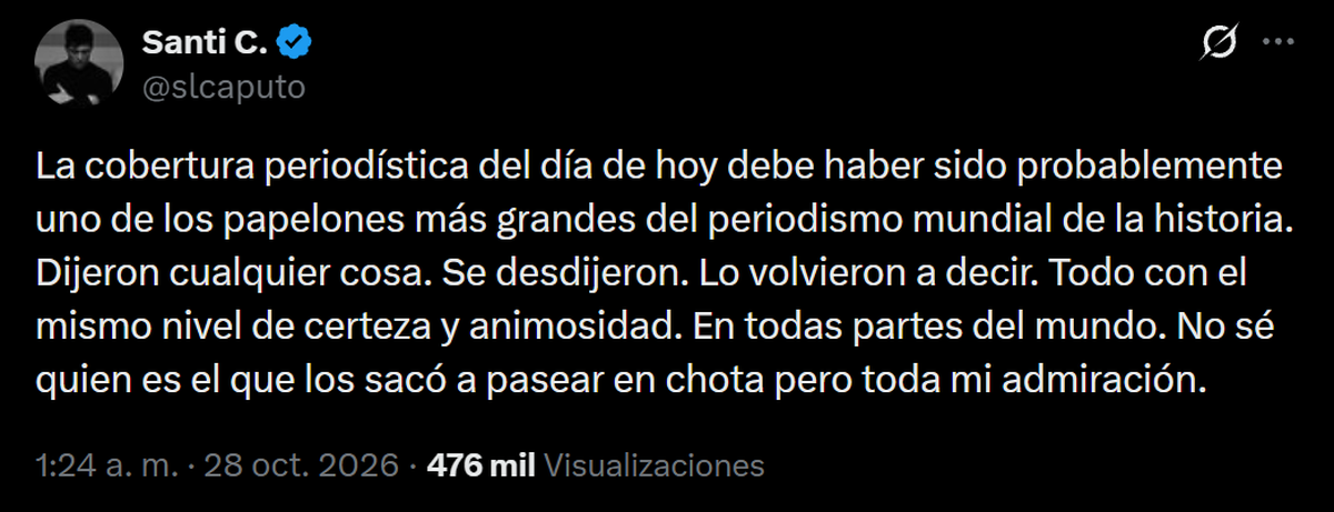 Santiago Caputo cuestionó duramente a los medios por difundir versiones erróneas. Foto: Captura X Santiago Caputo cuestionó duramente a los medios por difundir versiones erróneas. Foto: Captura X