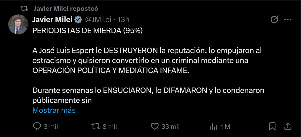 Javier Milei confundió el plea deal de Machado con una absolución y publicó un descargo explosivo defendiendo a José Luis Espert y atacando duramente a los periodistas. Foto: X Javier Milei confundió el plea deal de Machado con una absolución y publicó un descargo explosivo defendiendo a José Luis Espert y atacando duramente a los periodistas. Foto: X