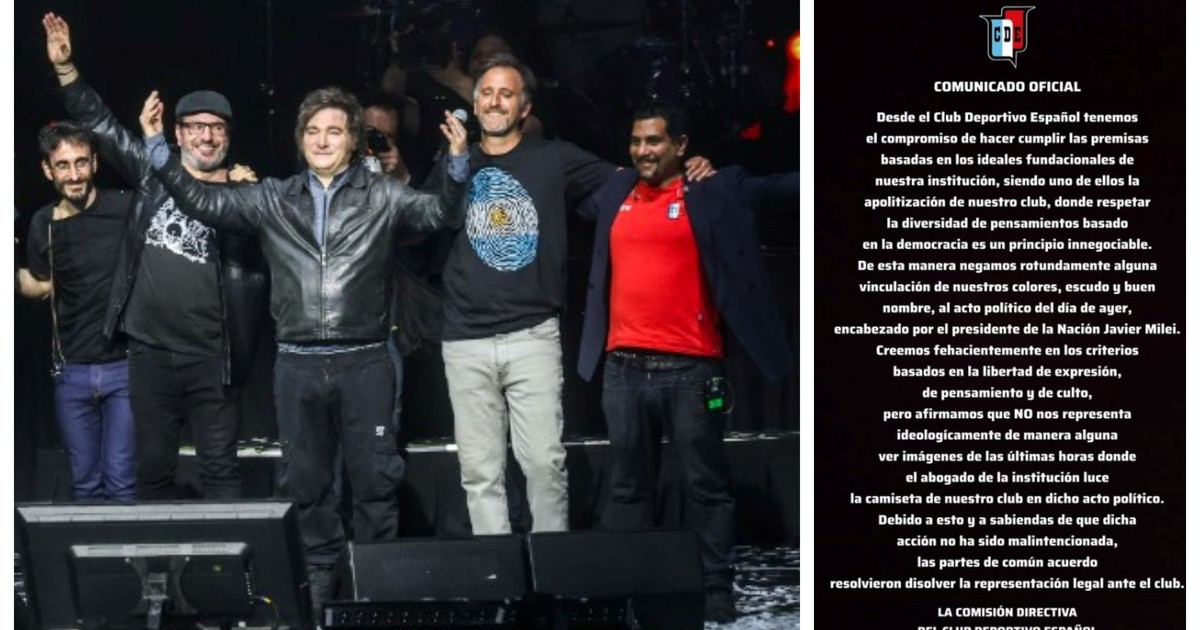 Español declaró su inteción de “proteger los colores, el escudo y el buen nombre” de la entidad, y negó cualquier vinculación con el evento encabezado por Milei Español declaró su inteción de “proteger los colores, el escudo y el buen nombre” de la entidad, y negó cualquier vinculación con el evento encabezado por Milei