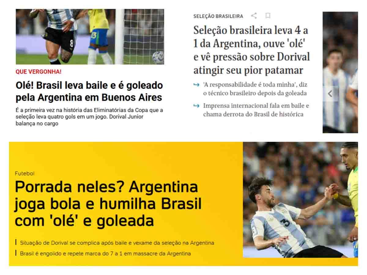 La prensa de Brasil explotó de la bronca contra Vinicius y Raphinha, podría renunciar el técnico Dorival Júnior tras la goleada ante Argentina 4-1. La prensa de Brasil explotó de la bronca contra Vinicius y Raphinha, podría renunciar el técnico Dorival Júnior tras la goleada ante Argentina 4-1.