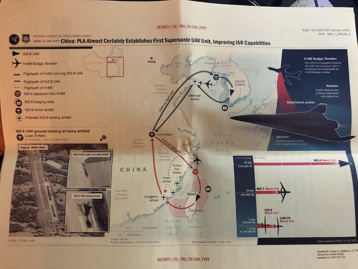 Documento secreto al que accedió The Washington Post destaca las capacidades y las rutas de vuelo teóricas del dron de reconocimiento supersónico de China. Fuente: el medio estadounidense citado.