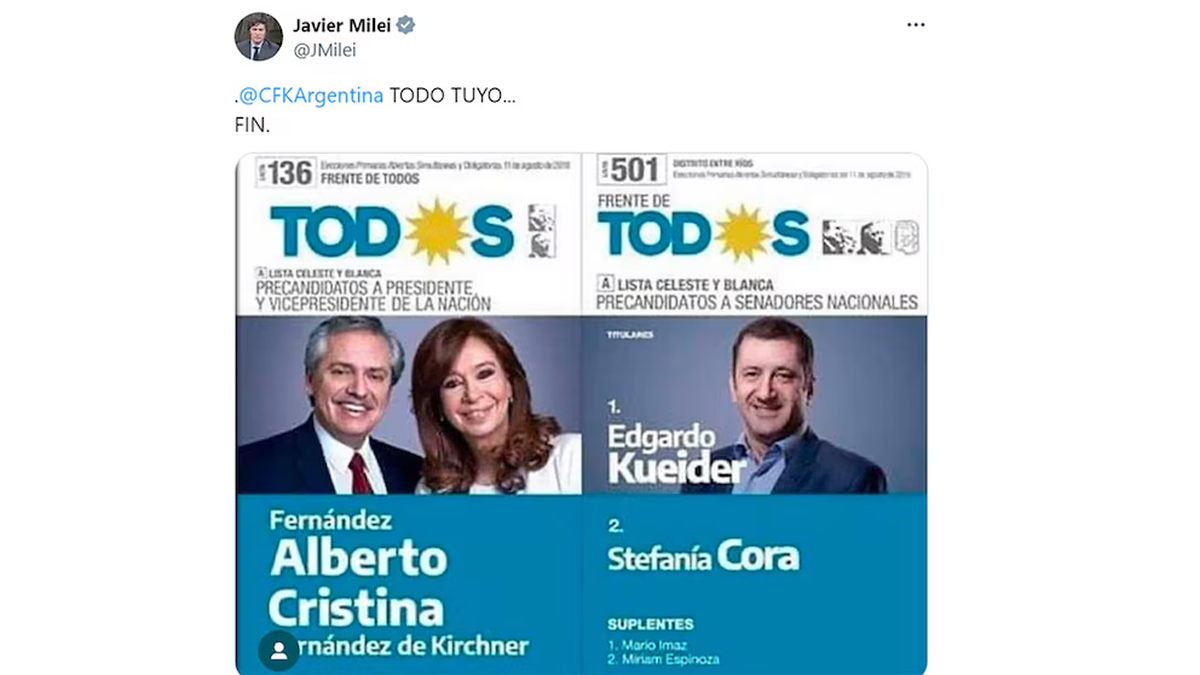 Kueider en la boleta en 2019 con Cristina Kirchner y Alberto Fernández. Kueider en la boleta en 2019 con Cristina Kirchner y Alberto Fernández.