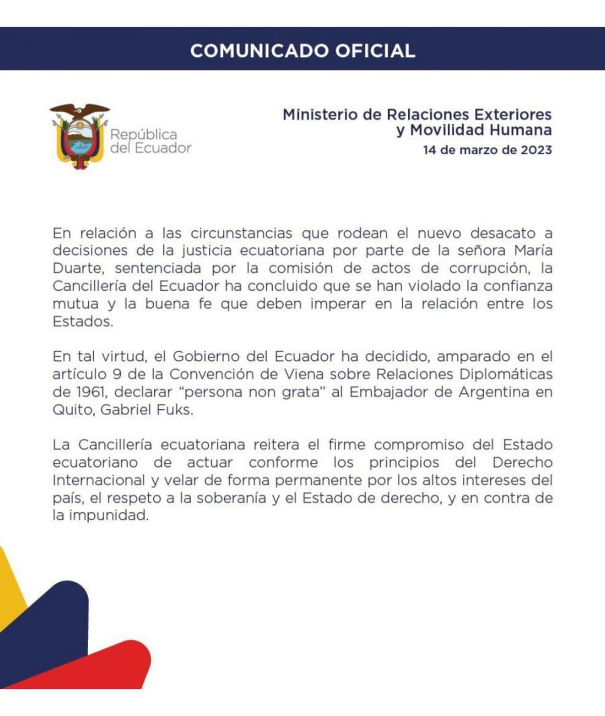 El comunicado oficial de Ecuador.