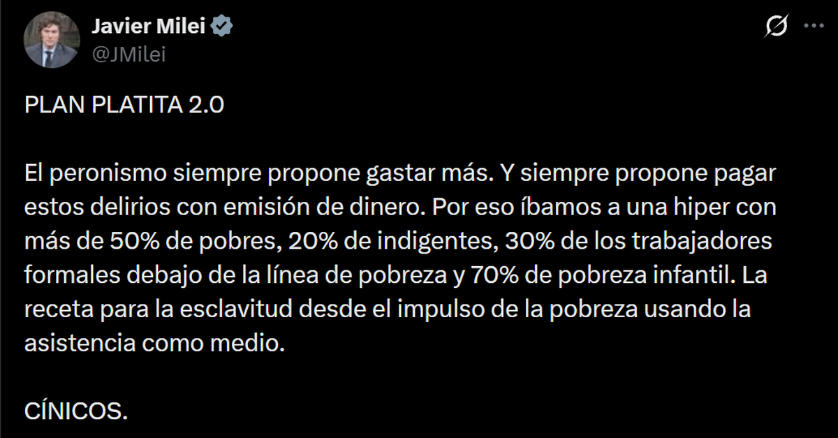 Nancy Pazos elogió los Chachos riojanos y cuestionó a otros gobernadores por no imitarlos. Javier Milei respondió acusando al peronismo de impulsar la emisión y un nuevo Plan Platita. Foto: X Nancy Pazos elogió los Chachos riojanos y cuestionó a otros gobernadores por no imitarlos. Javier Milei respondió acusando al peronismo de impulsar la emisión y un nuevo Plan Platita. Foto: X