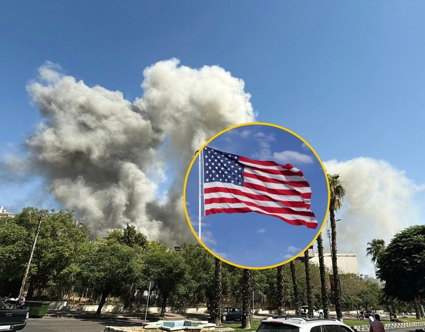 Fotomontaje de un bombardeo israelí en Siria, junto a la imagen de la bandera de Estados Unidos