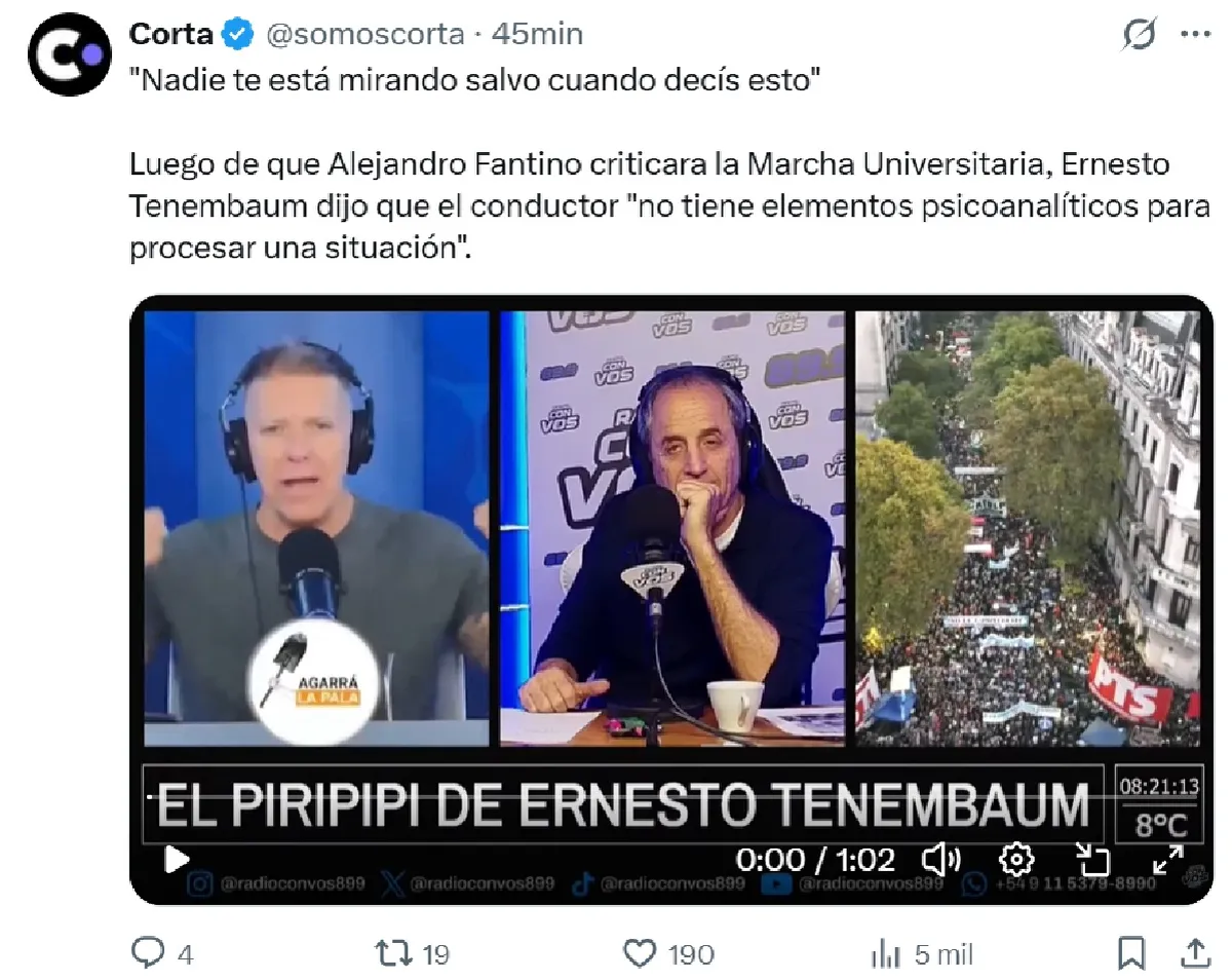 Todo comenzó cuando Fantino criticó la Marcha Universitaria, habló de "privilegios" y cuestionó financiamiento. Foto: X Todo comenzó cuando Fantino criticó la Marcha Universitaria, habló de "privilegios" y cuestionó financiamiento. Foto: X