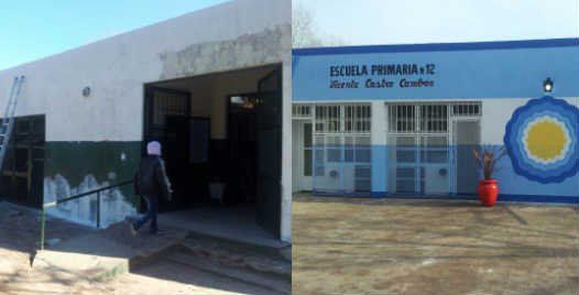 La escuela durante las obras y una vez finalizadas, con logo oficial y todo. Foto: cfkargentina.com