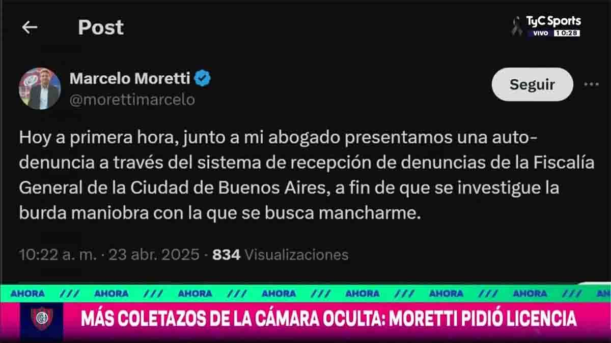 Marcelo Moretti decidió tomarse licencia de la presidencia de San Lorenzo y se autodenunció para defenderse del escándalo de los 25.000 dólares. Marcelo Moretti decidió tomarse licencia de la presidencia de San Lorenzo y se autodenunció para defenderse del escándalo de los 25.000 dólares.