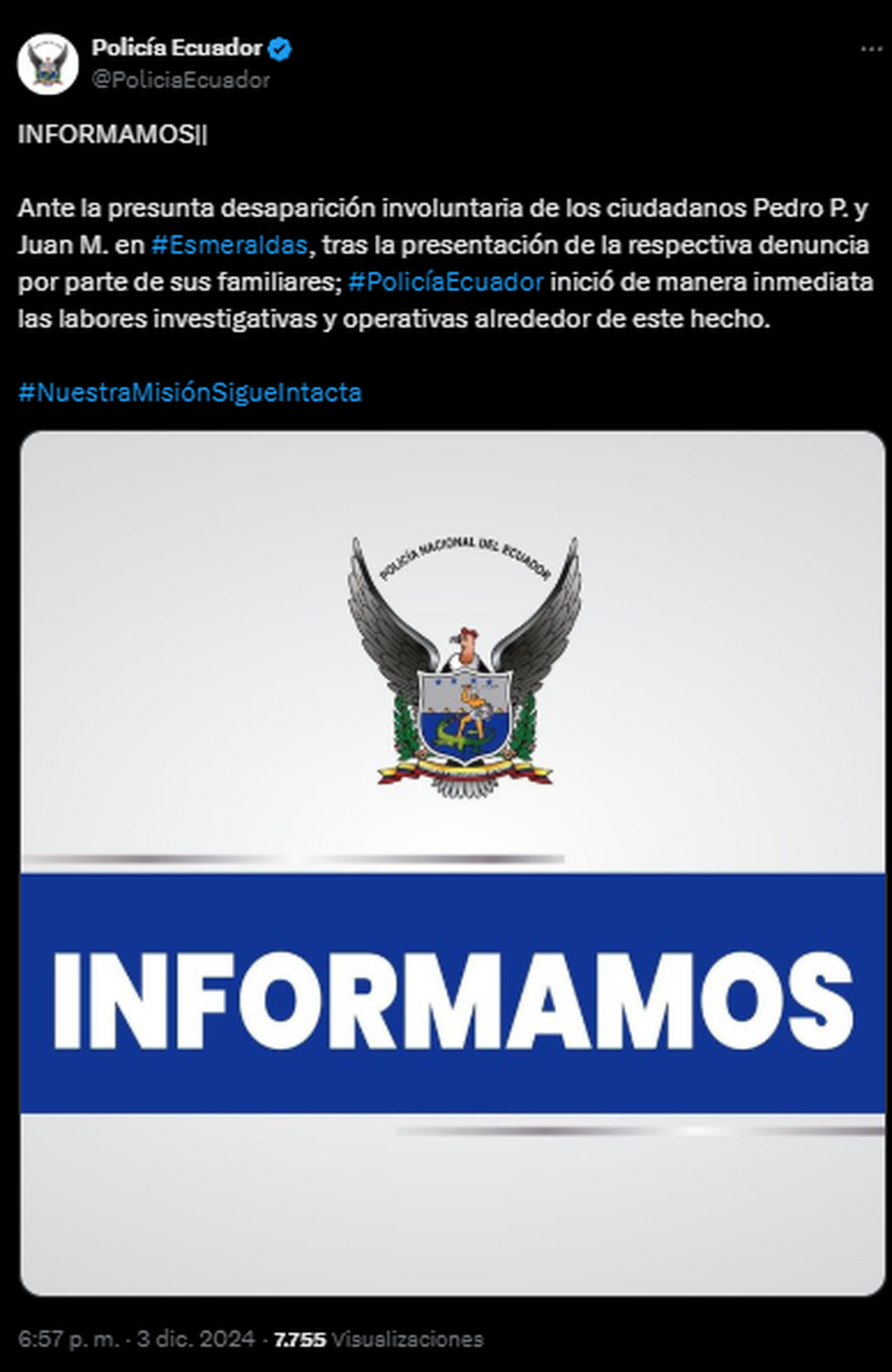 Comunicado de la Policía ecuatoriana Comunicado de la Policía ecuatoriana