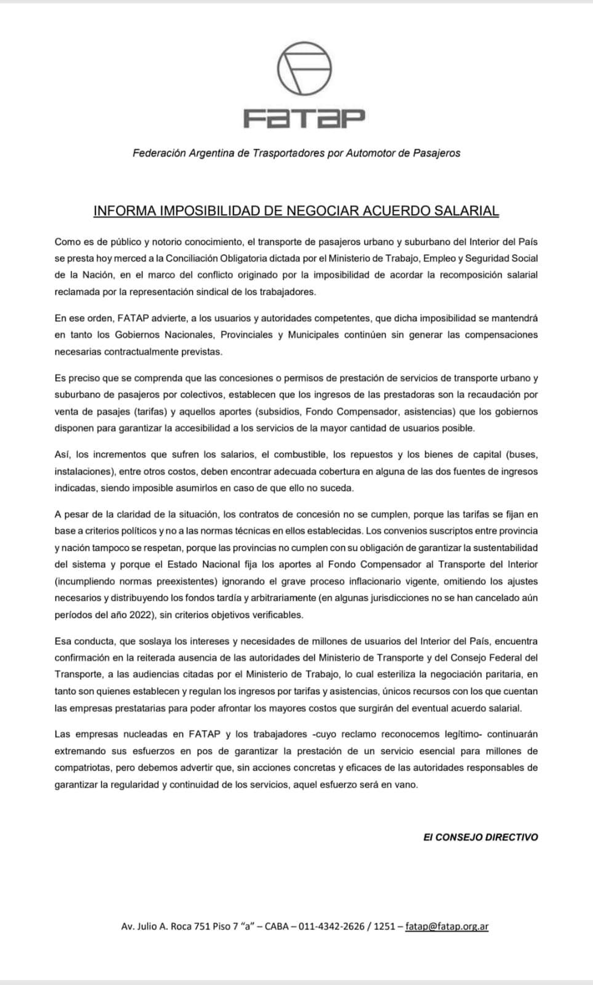 La versión de la Fatap ante el paro de colectivos.