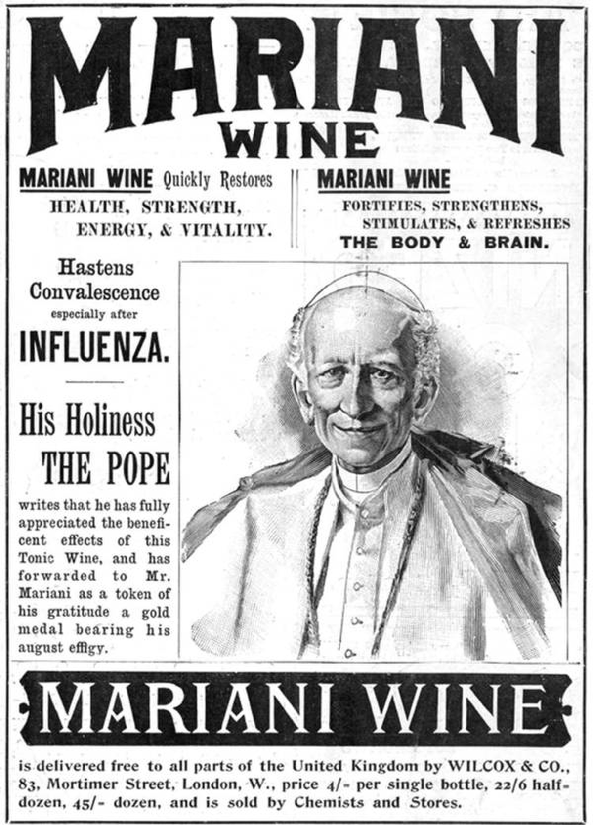 La primera fórmula que creó, sin incluir los extractos de nueces de kola, era muy similar al Vin Mariani, cuya popularidad había llegado hasta Su Santidad en el Vaticano. La primera fórmula que creó, sin incluir los extractos de nueces de kola, era muy similar al Vin Mariani, cuya popularidad había llegado hasta Su Santidad en el Vaticano.