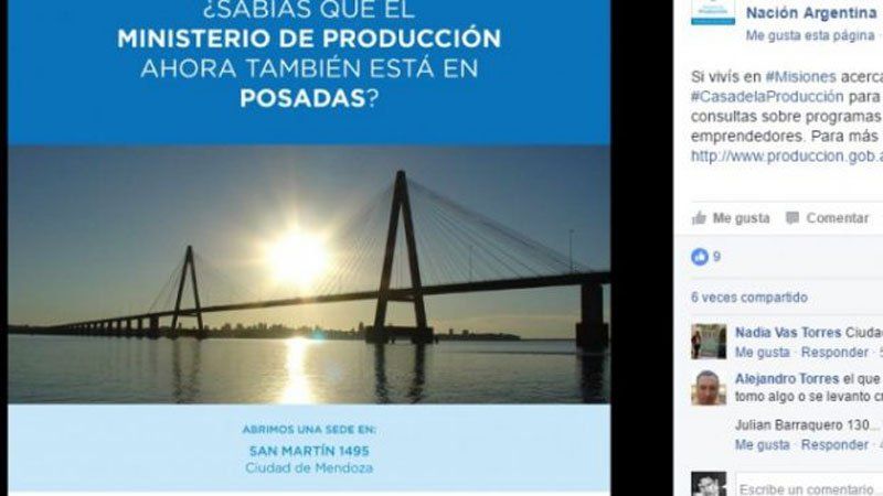 El posteo en Facebook del Ministerio de Producción, con el error geográfico.
