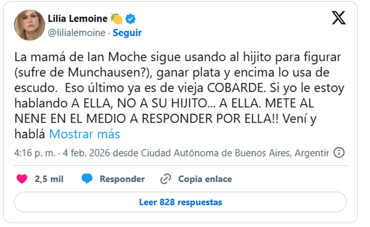 Un posteo de Lilia Lemoine donde aclara que sus declaraciones apuntaron contra la madre de Ian Moche y no contra el niño. Un posteo de Lilia Lemoine donde aclara que sus declaraciones apuntaron contra la madre de Ian Moche y no contra el niño.