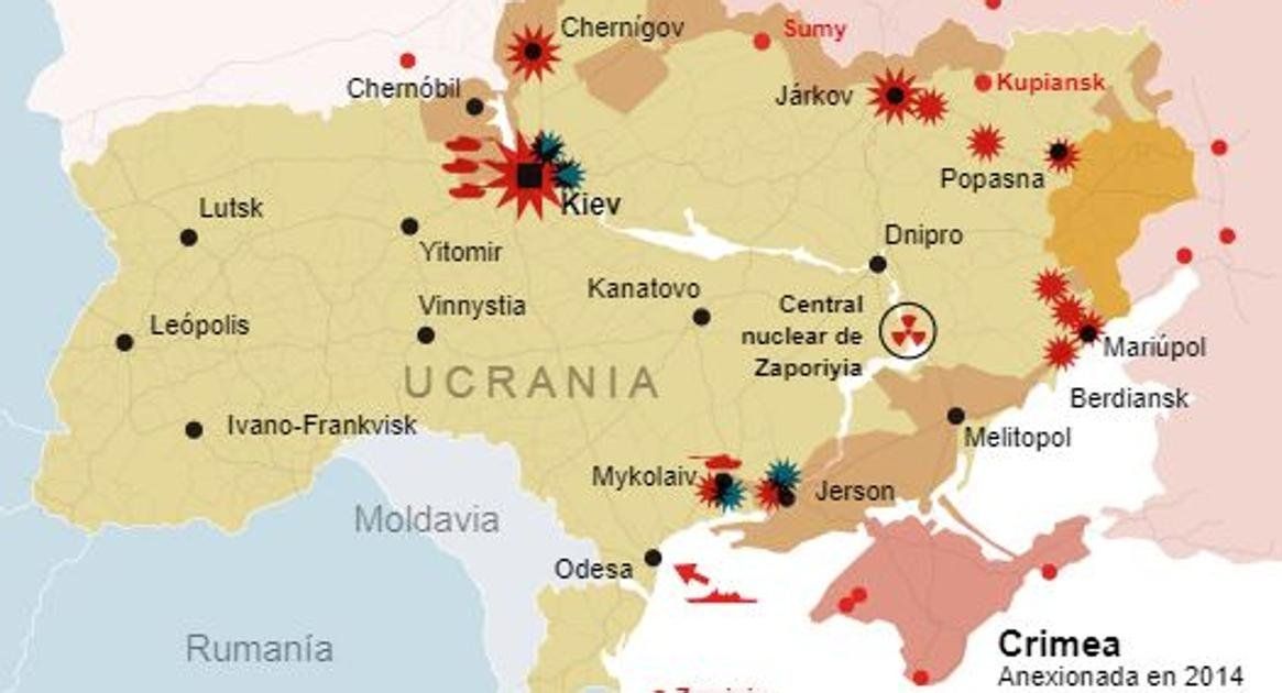 El mapa de Ucrania se remonta al inicio del conflicto cuando la hipótesis era que el objetivo de Moscú era Kiev.
