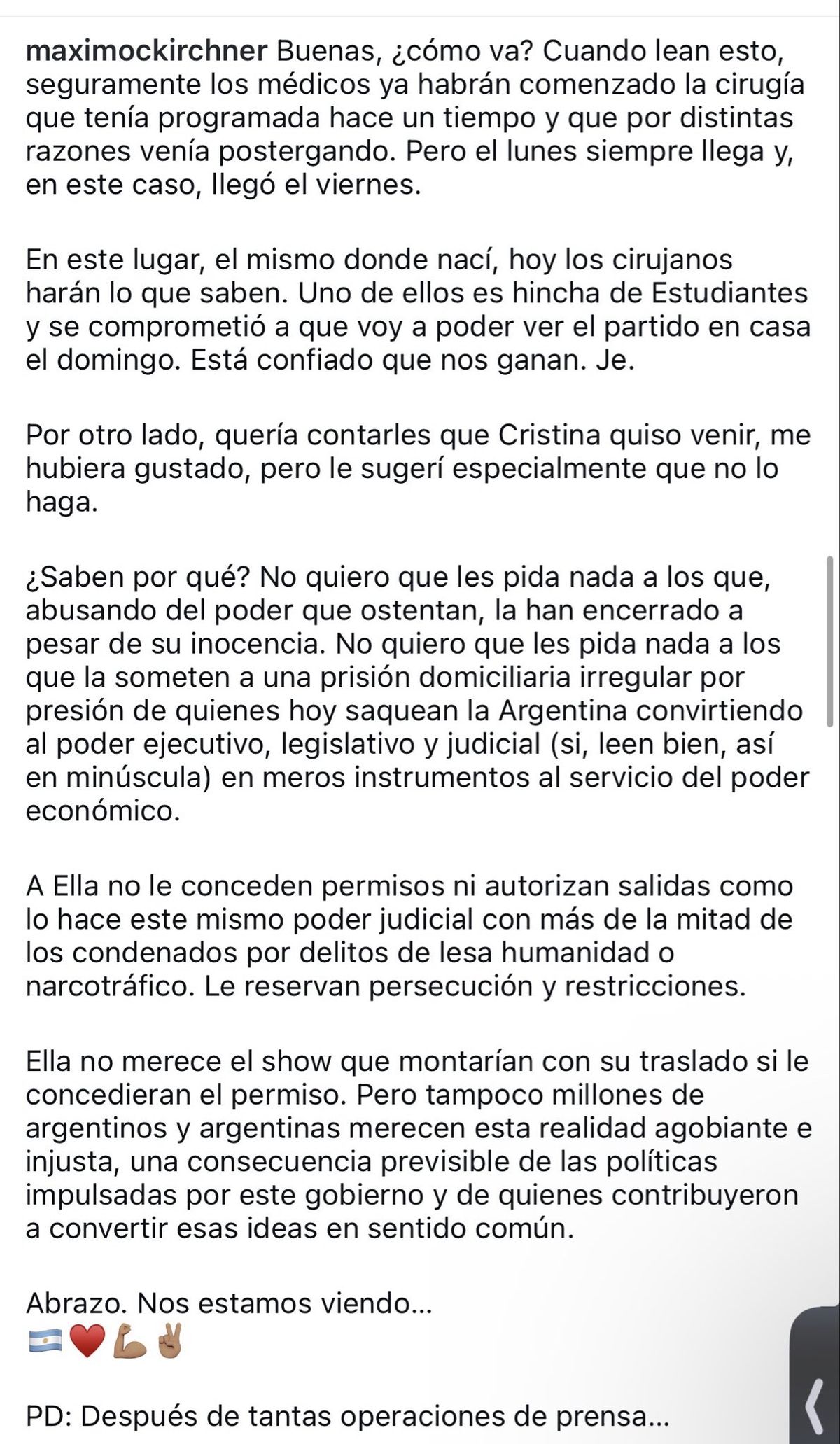 Comunicado de Máximo Kirchner para informar su cirugía programada. Comunicado de Máximo Kirchner para informar su cirugía programada.