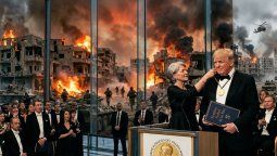 Imagen creada con IA de Trump recibiendo en Nobel de la Paz, con una guerra de fondo.