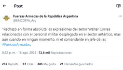 El tuit de la cuenta oficial de las FFAA con las declaraciones del Jefe del Estado MayorConjunto, Juan Martín Paleo en respuesta al ministro Correa.