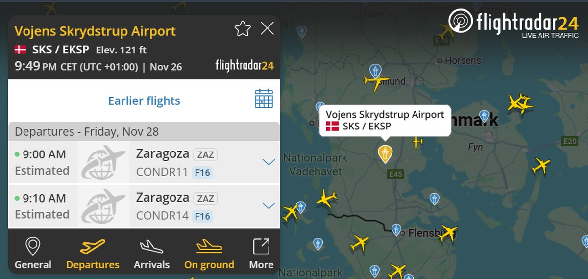 El vuelo programado de los F-16 de posible pertenencia argentina (Foto: Captura Flightradar24). El vuelo programado de los F-16 de posible pertenencia argentina (Foto: Captura Flightradar24).