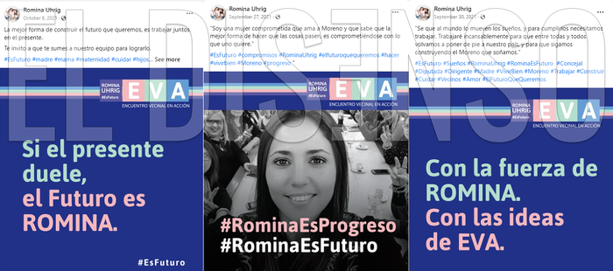 Los más recientes carteles y publicidades de Romina, llevan el nombre de la agrupación “EVA” y la presentan como “El Futuro de Moreno”