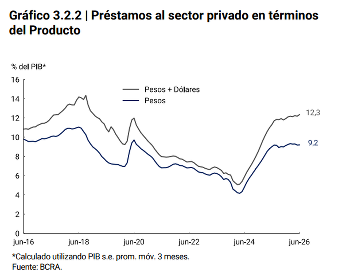 Pr&eacute;stamos&nbsp; al sector privado en t&eacute;rminos de producto de junio. Fuente: BCRA.