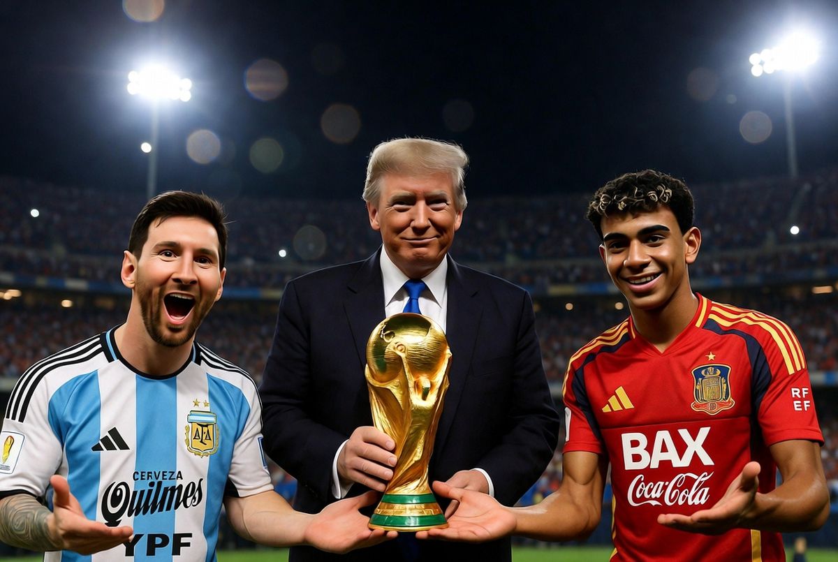 Imagen creada con la IA donde se ve a Trump junto a Lionel Messi y Lamine Yamal. Unos de los dos saldrá ganador de la Copa del Mundo, junto a sus equipos. Imagen creada con la IA donde se ve a Trump junto a Lionel Messi y Lamine Yamal. Unos de los dos saldrá ganador de la Copa del Mundo, junto a sus equipos.
