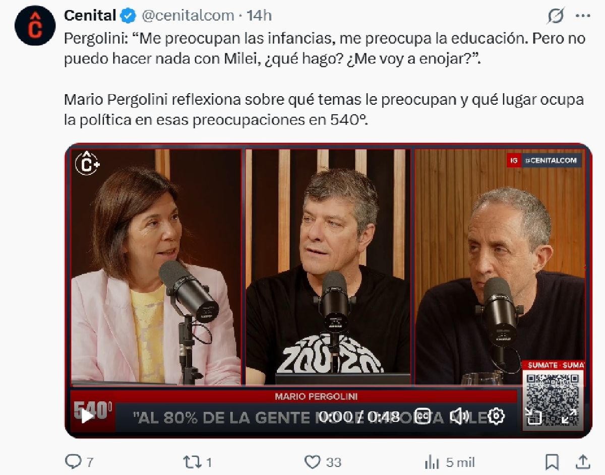 Mario Pergolini lament&oacute; la educaci&oacute;n argentina y lament&oacute; el rol que tom&oacute; el presidente Javier Milei al respecto.