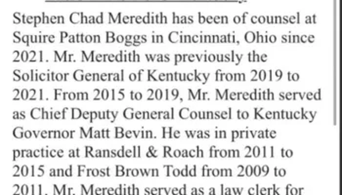 Parte del mail filtrado por el gobernador de Kentucky sobre la nominación de Chad Meredith. 