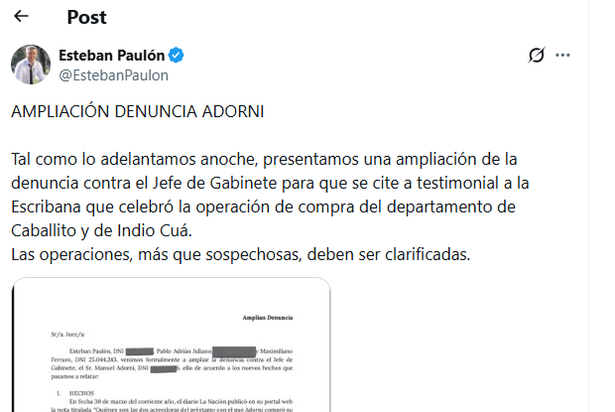 El diputado Esteban Paulón presentó una ampliación de denuncia para que declare la escribana que intervino en la compra del departamento de Manuel Adorni. El diputado Esteban Paulón presentó una ampliación de denuncia para que declare la escribana que intervino en la compra del departamento de Manuel Adorni.