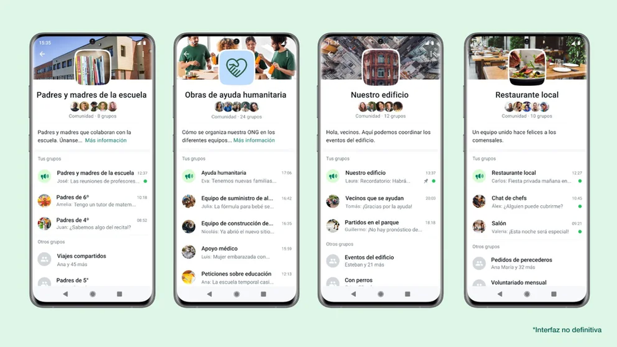 WhatsApp informó cómo se podría ver la interfaz de las Comunidades, aunque está sujeta a modificaciones hasta su lanzamiento oficial.