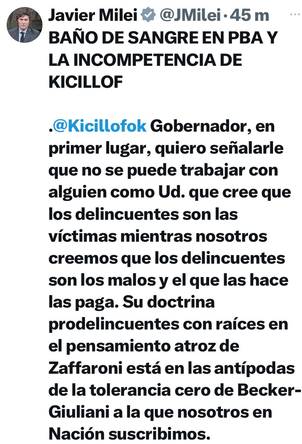 El posteo de Javier Milei este viernes (28/2) a la mañana, último día del receso del Congreso donde está habilitado para intervenir la PBA hasta que se expida el legislativo.