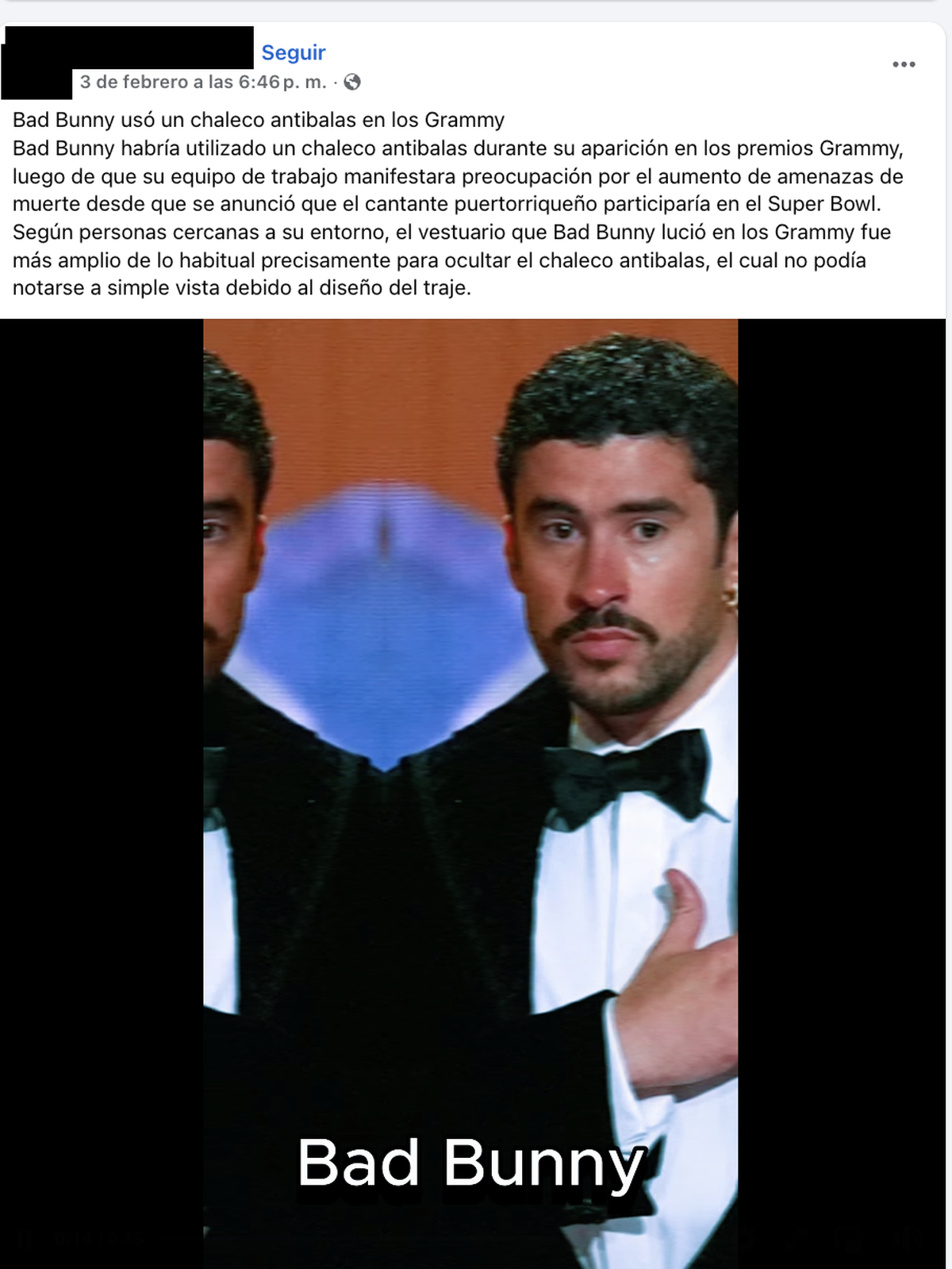 Circuló que Bad Bunny habría usado un chaleco antibalas en los Grammy, pero no hay evidencia ni comunicado oficial que lo confirme. Circuló que Bad Bunny habría usado un chaleco antibalas en los Grammy, pero no hay evidencia ni comunicado oficial que lo confirme.