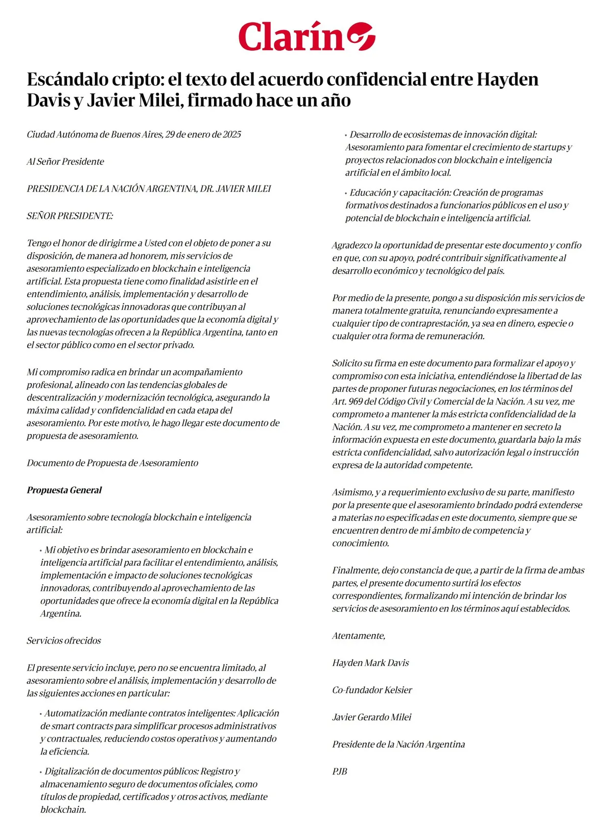 El texto completo del "acuerdo confidencial" publicado por Clar&iacute;n.&nbsp;