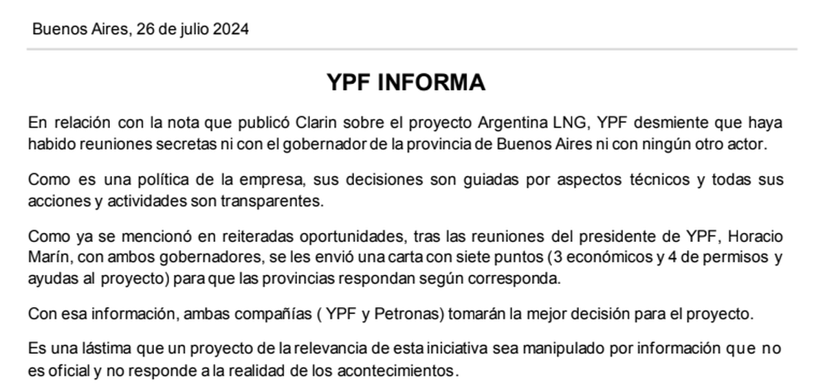 Imagen del comunicado de YPF contra Clarín. Imagen del comunicado de YPF contra Clarín.