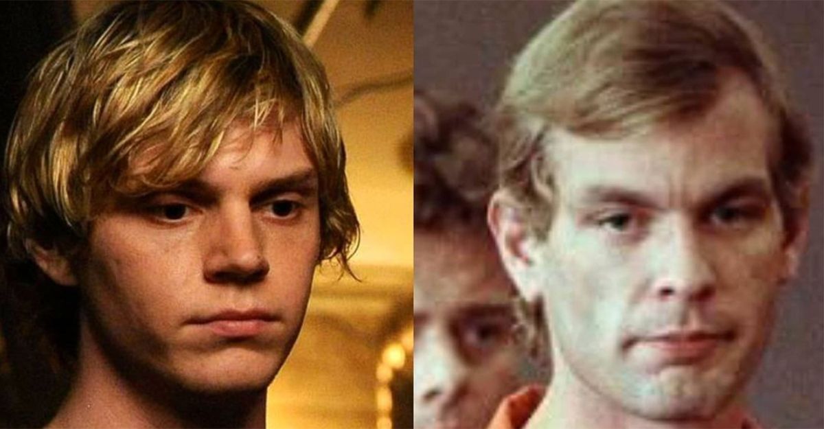 Ewan Peters a la izquierda durante uno de sus roles en American Horror Story, y Jeffrey Dahmer a la derecha.