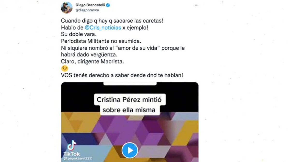 El tuit de Diego Brancatelli acusando a Cristina Pérez de periodista militante de JxC.