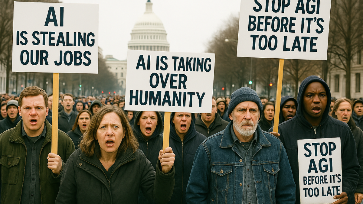 Manifestaciones de trabajadores exhiben pancartas con la premisa: La IA está robándonos nuestro empleo y reemplazando a la humanidad