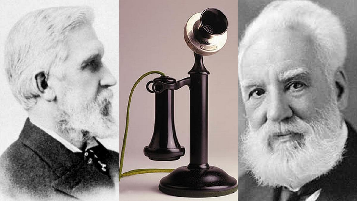Alexander Graham Bell y Elisha Gray fueron los principales contendientes por la patente del teléfono. Luego de que su verdadero inventor, Antonio Meucci, la perdiera debido a su pobre situación económica, Bell pudo obtenerla y ser considerado el inventor. 