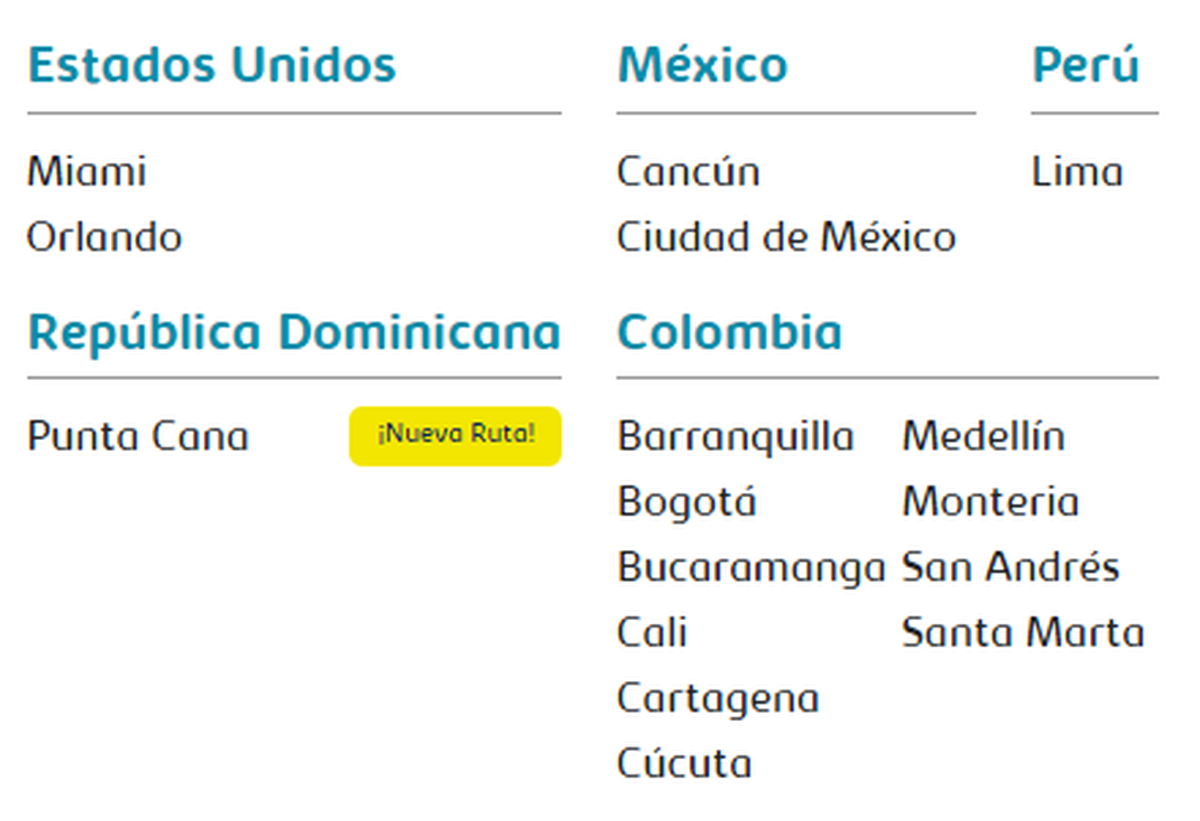 Destinos a los que se podrá volar por la nueva low cost desde Buenos Aires, Argentina. Foto: Página web Viva Air