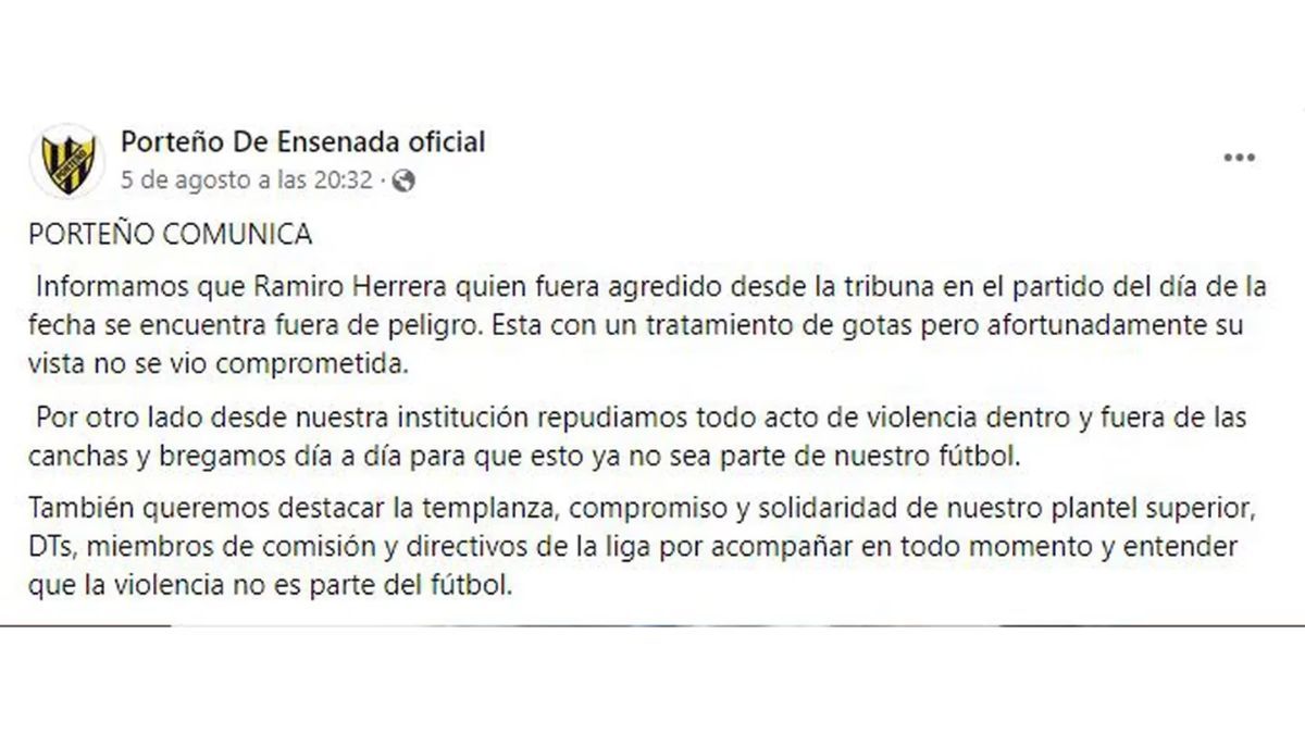 El comunicado del club Porteño de Ensenada tras el ataque. (Foto: Facebook). El comunicado del club Porteño de Ensenada tras el ataque. (Foto: Facebook).