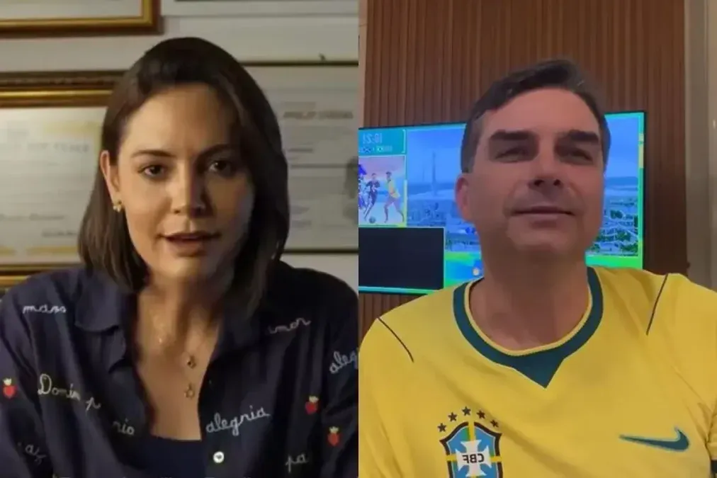 Michelle Bolsonaro, esposa de Jair Bolsonaro, junto a Flávio Bolsonaro, hijo del expresidente de Brasil.