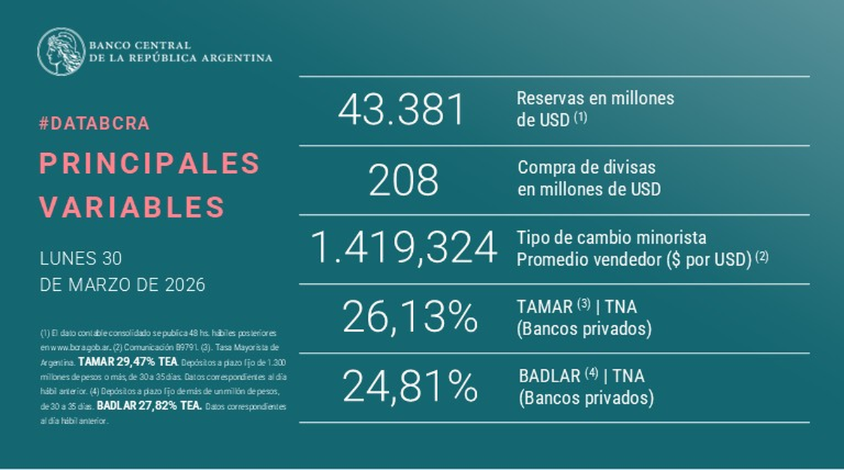 Las reservas brutas se ubican en 43.381 millones. Las reservas brutas se ubican en 43.381 millones.