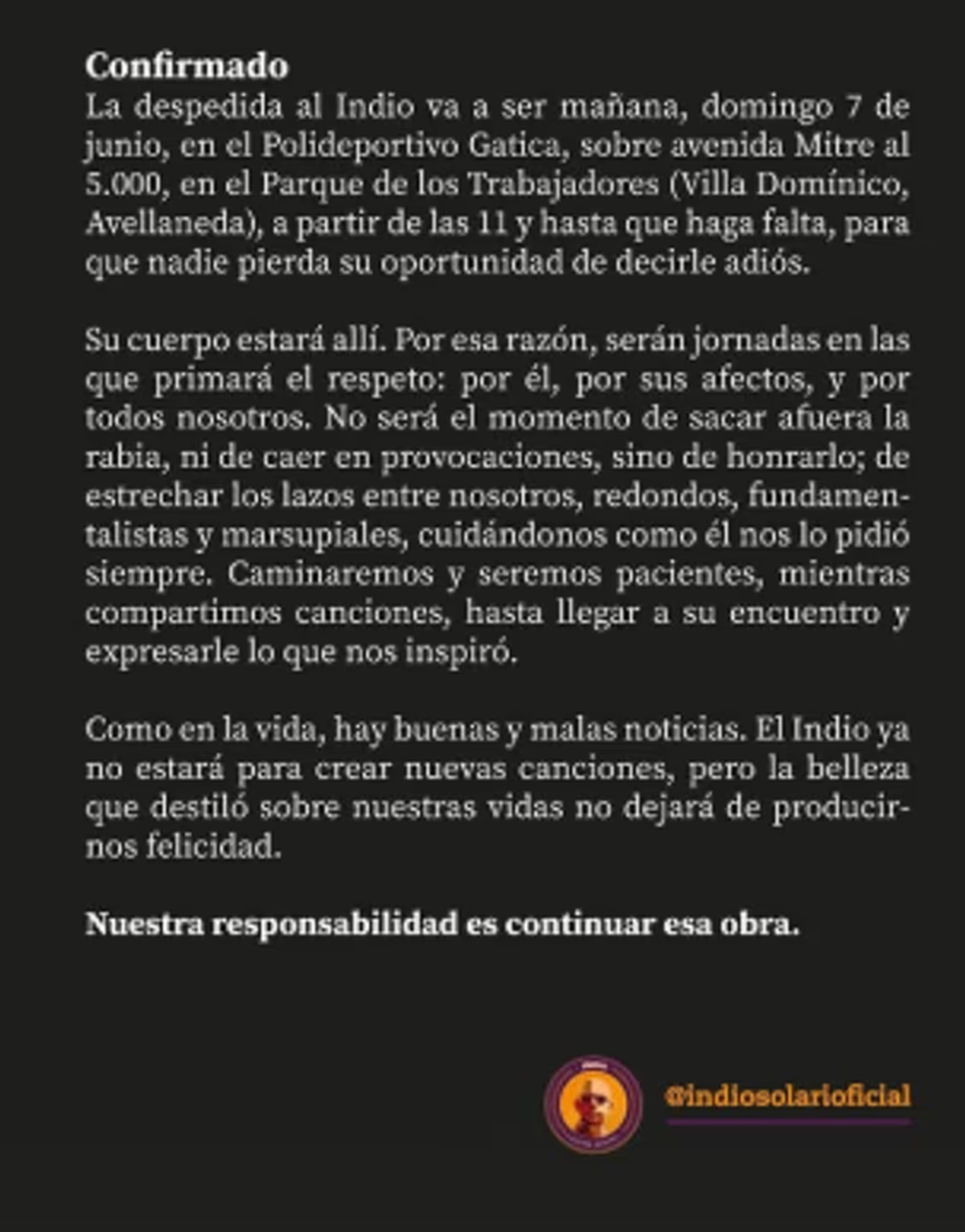 Mensaje de la familia del músico (Foto: Agencia NA) Mensaje de la familia del músico (Foto: Agencia NA)