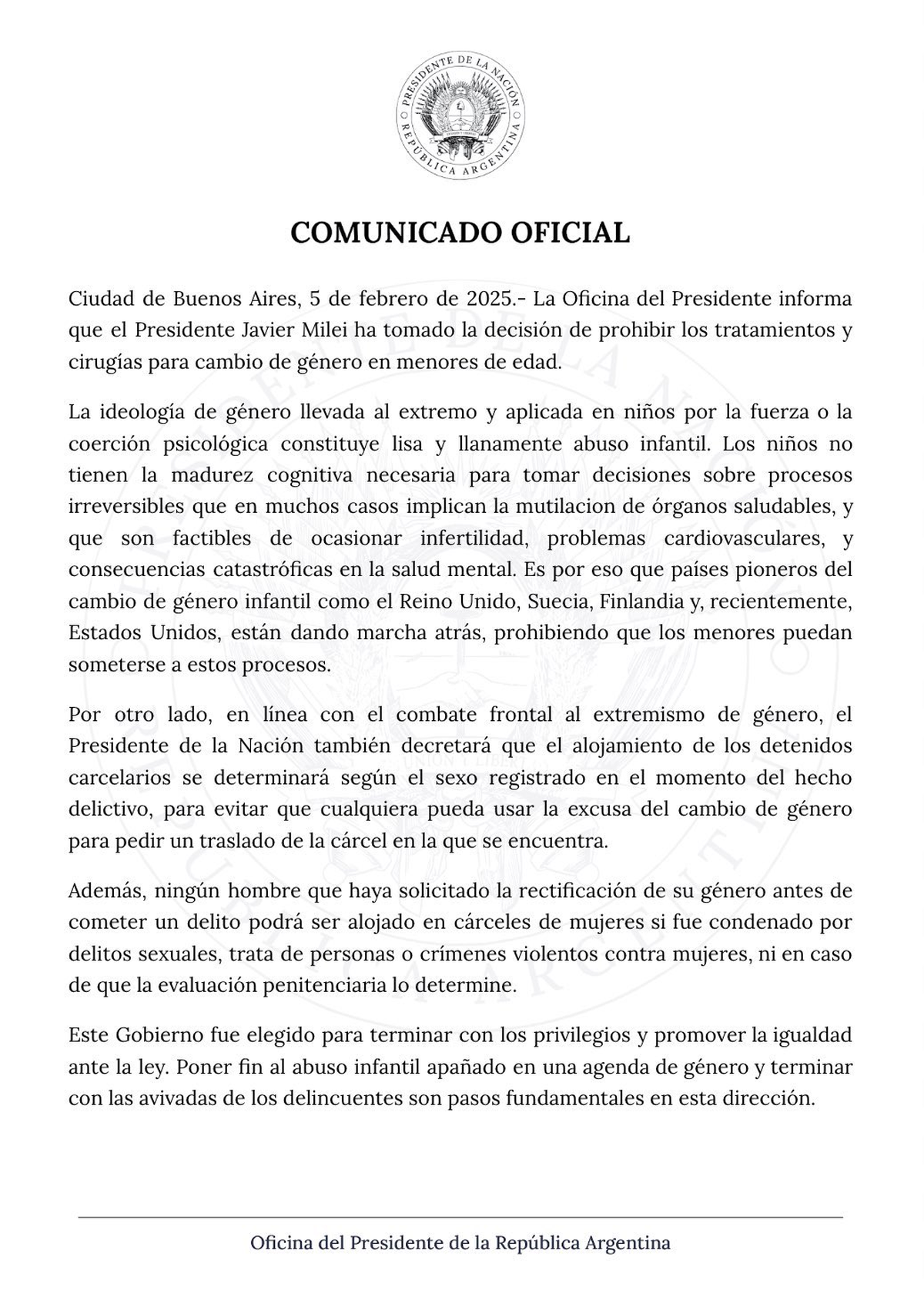 Comunicación oficial sobre los tratamientos de cambio de sexo para menores de edad Comunicación oficial sobre los tratamientos de cambio de sexo para menores de edad