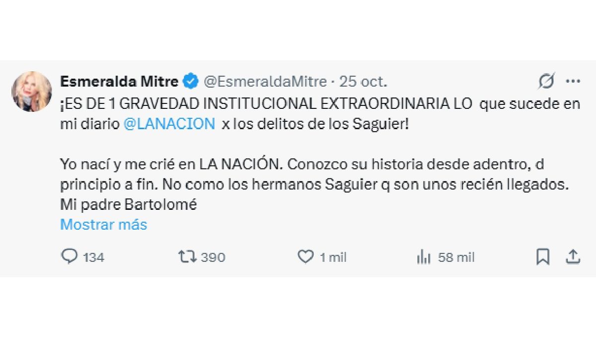 El tuit de Esmeralda Mitre con el que apunt&oacute; contra los hermanos Saguier.
