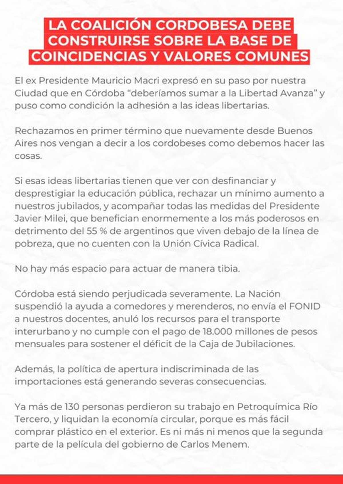 Comunicado de los radicales de C&oacute;rdoba sobre las posturas de Mauricio Macri